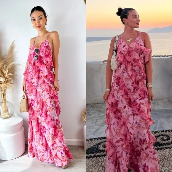 NWT MISA Damita Maxi Dress in Fire Florals Mix Pink Ruffle - Picture 1 of 10